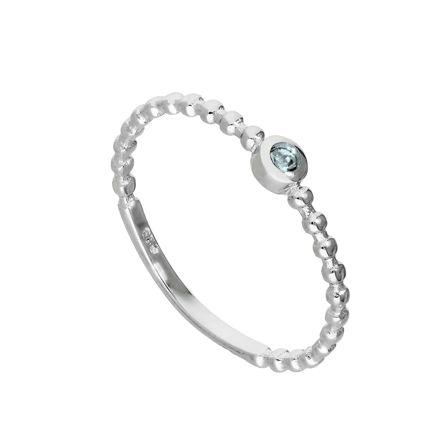 Sterling Silver & Aquamarine CZ Crystal March Birthstone Beaded Band Ring I - U