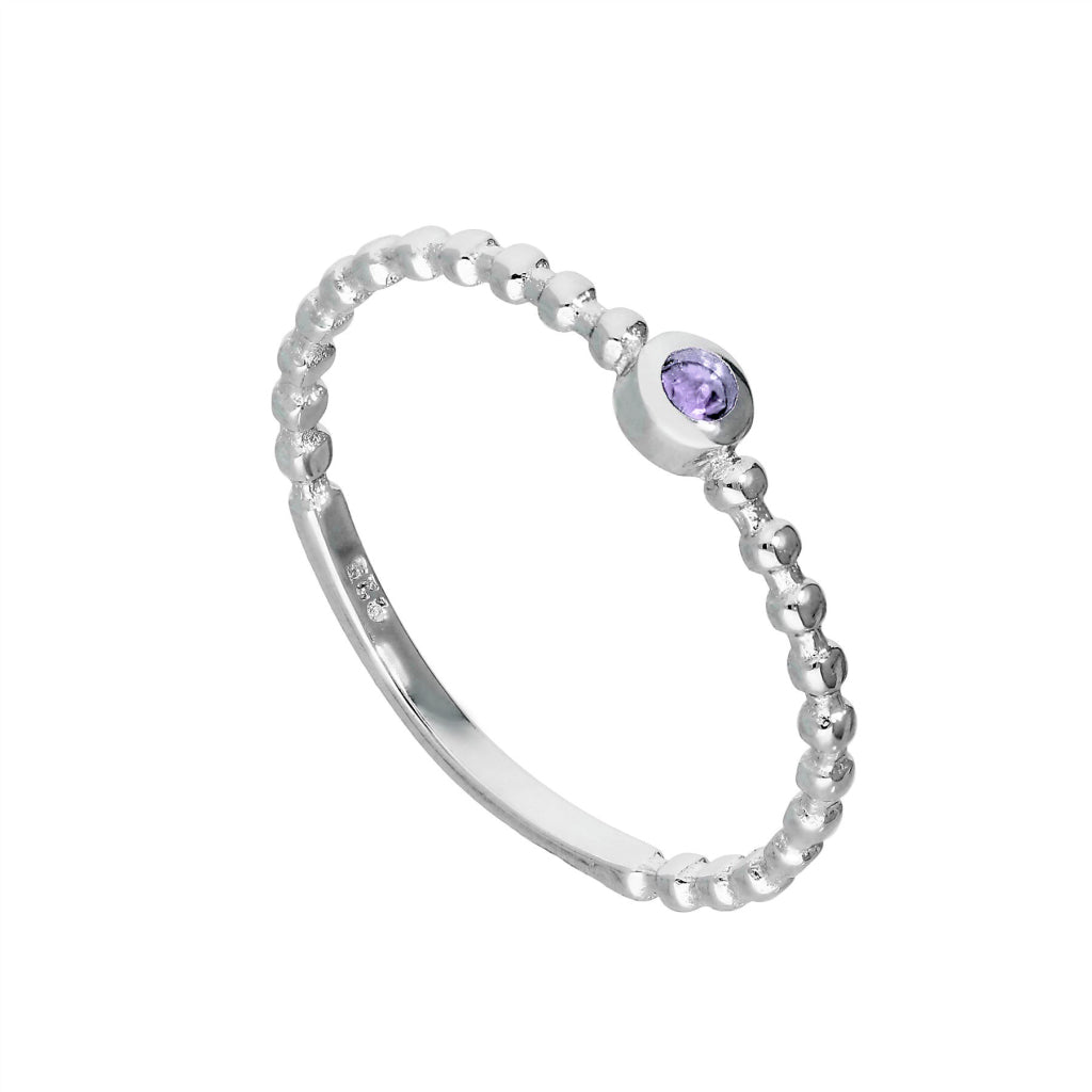 Sterling Silver & Alexandrite CZ Crystal June Birthstone Beaded Band Ring I - U
