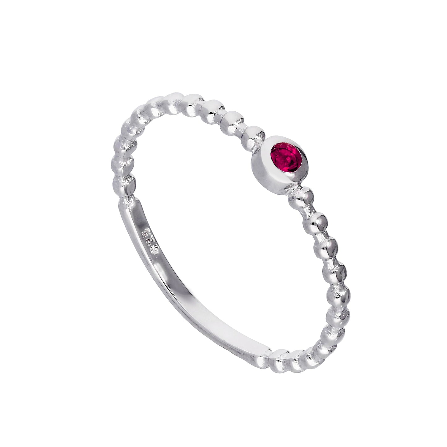 Sterling Silver & Ruby CZ Crystal July Birthstone Beaded Band Ring sizes I - U