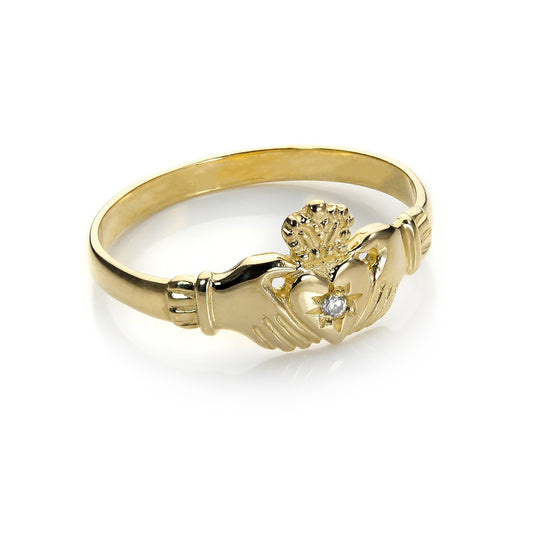9ct Yellow Gold Clear Crystal Claddagh Ring