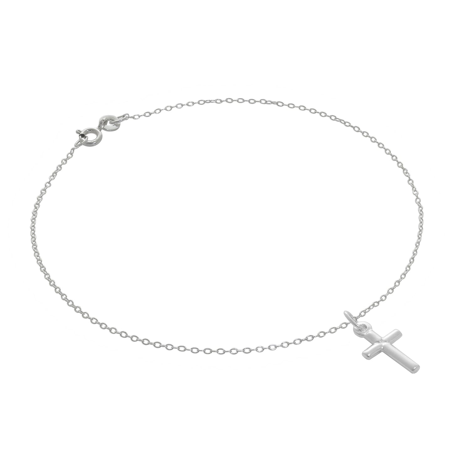 Fine Sterling Silver Belcher Anklet with Small Plain Cross - 10 Inches