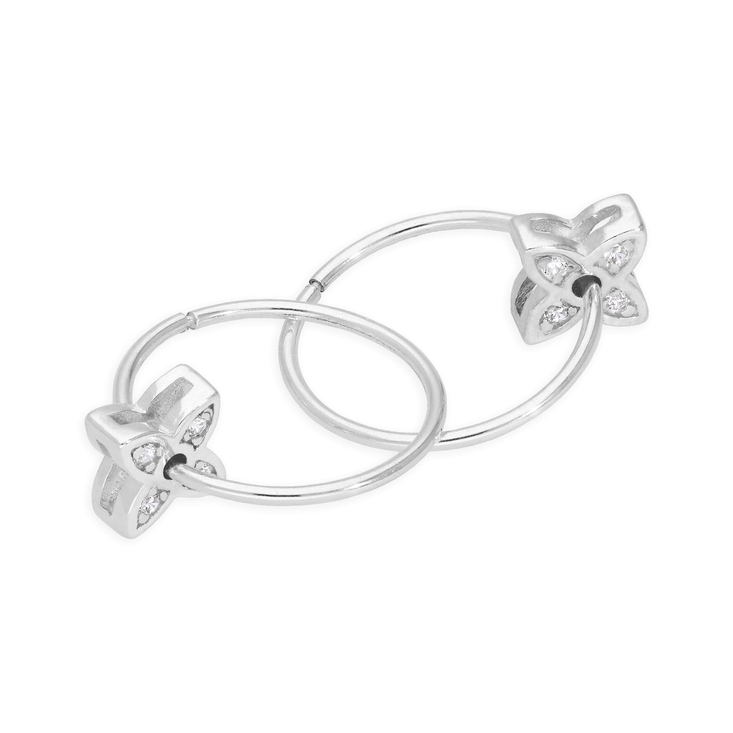 Sterling Silver CZ Crystal Floating Flower 14mm Sleeper Hoop Earrings
