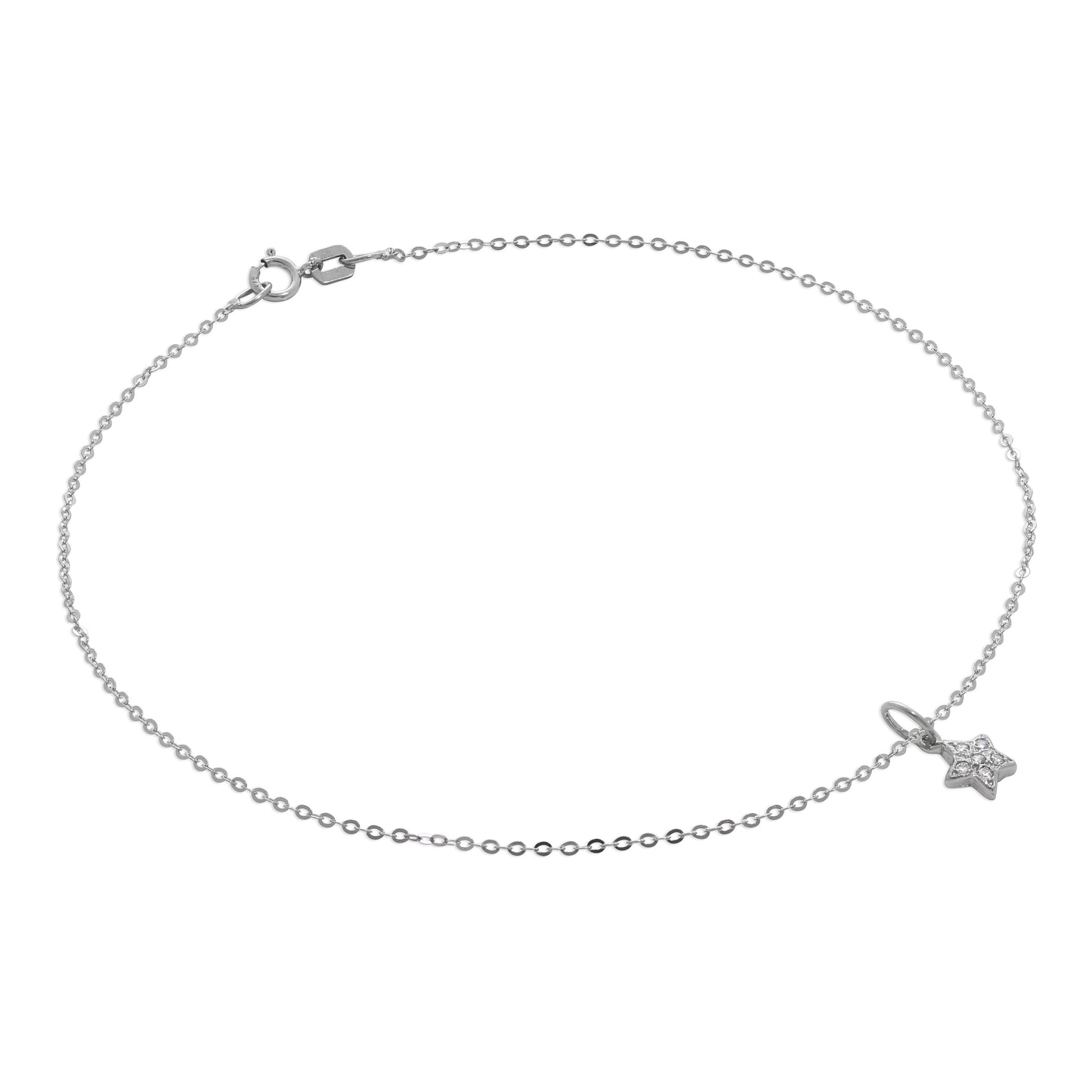 9ct White Gold Hammered Trace Anklet with CZ Star Charm - 9.5 Inches