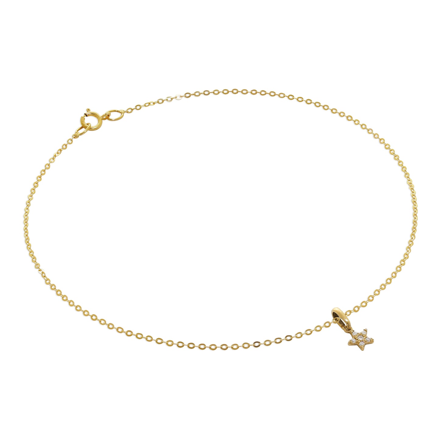 9ct Gold Hammered Trace Anklet with CZ Star Charm - 9.5 Inches