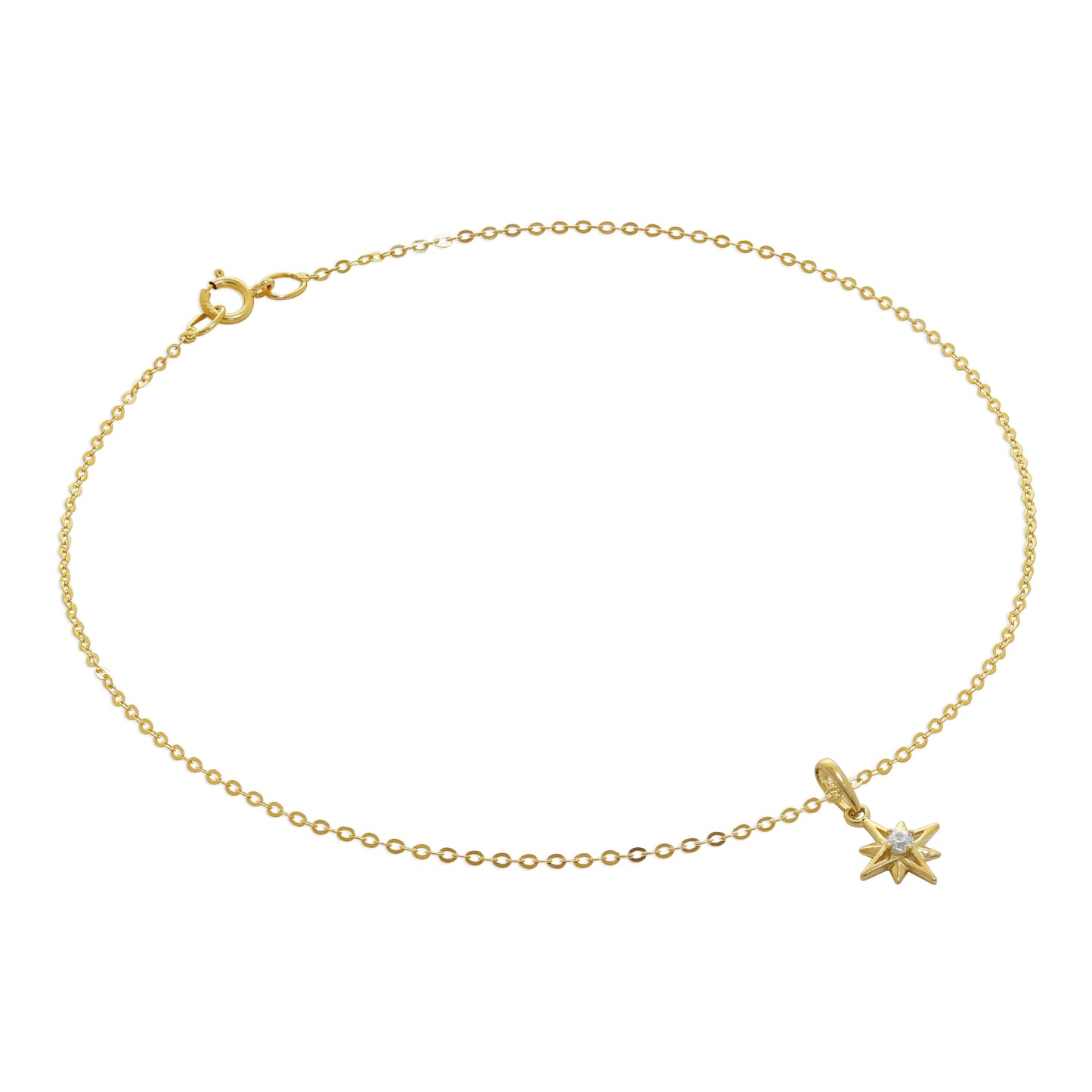 9ct Gold Hammered Trace Anklet with CZ Shining Star Charm - 9.5 Inches
