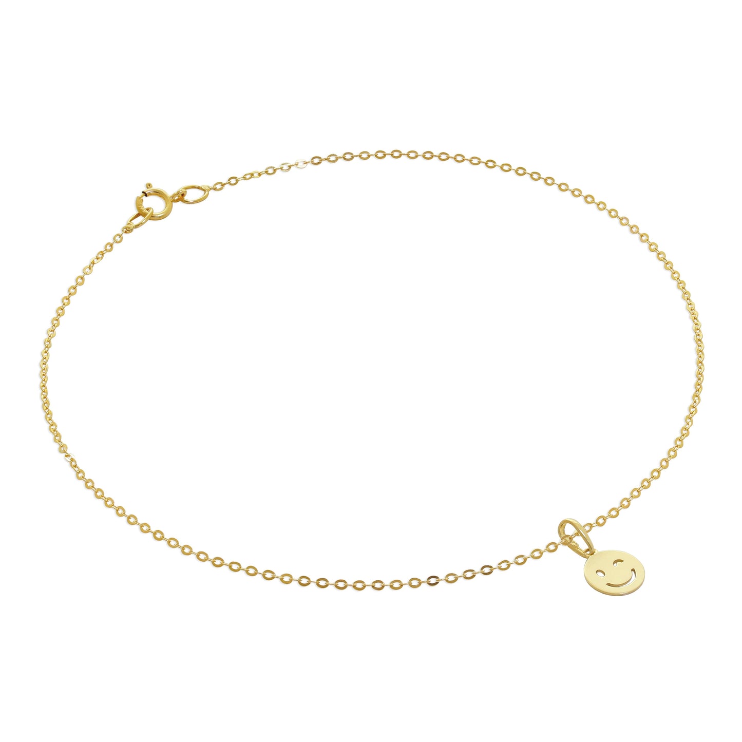 9ct Gold Hammered Trace Anklet with Winking Face Emoji Charm - 9.5 Inches