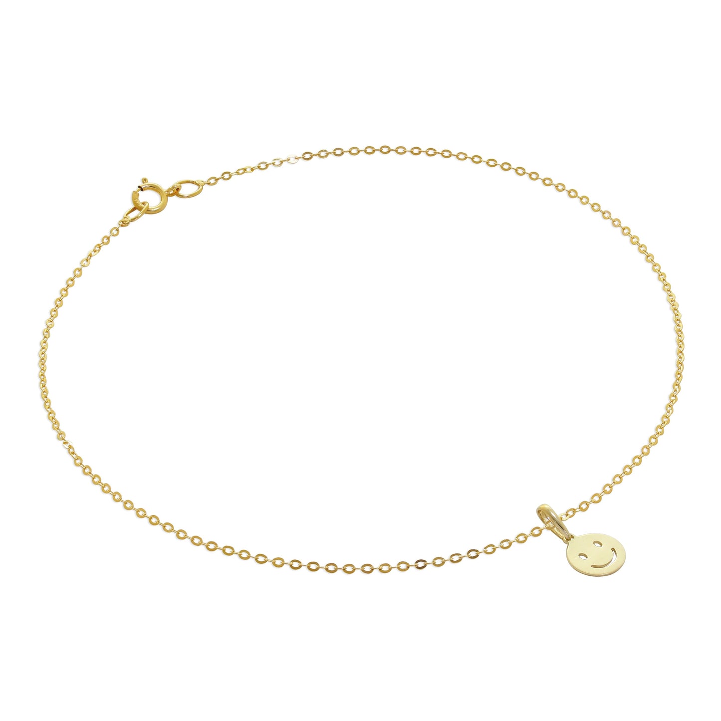 9ct Gold Hammered Trace Anklet with Smiling Face Emoji Charm - 9.5 Inches