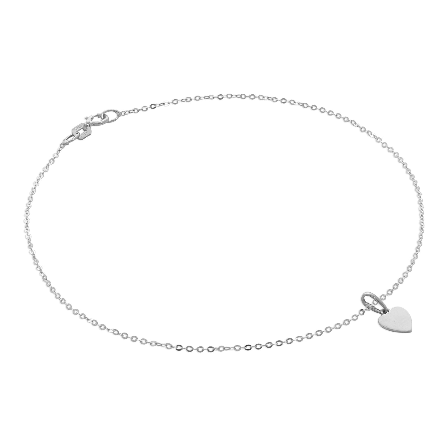 9ct White Gold Hammered Trace Anklet with Engravable Heart Charm - 9.5 Inches