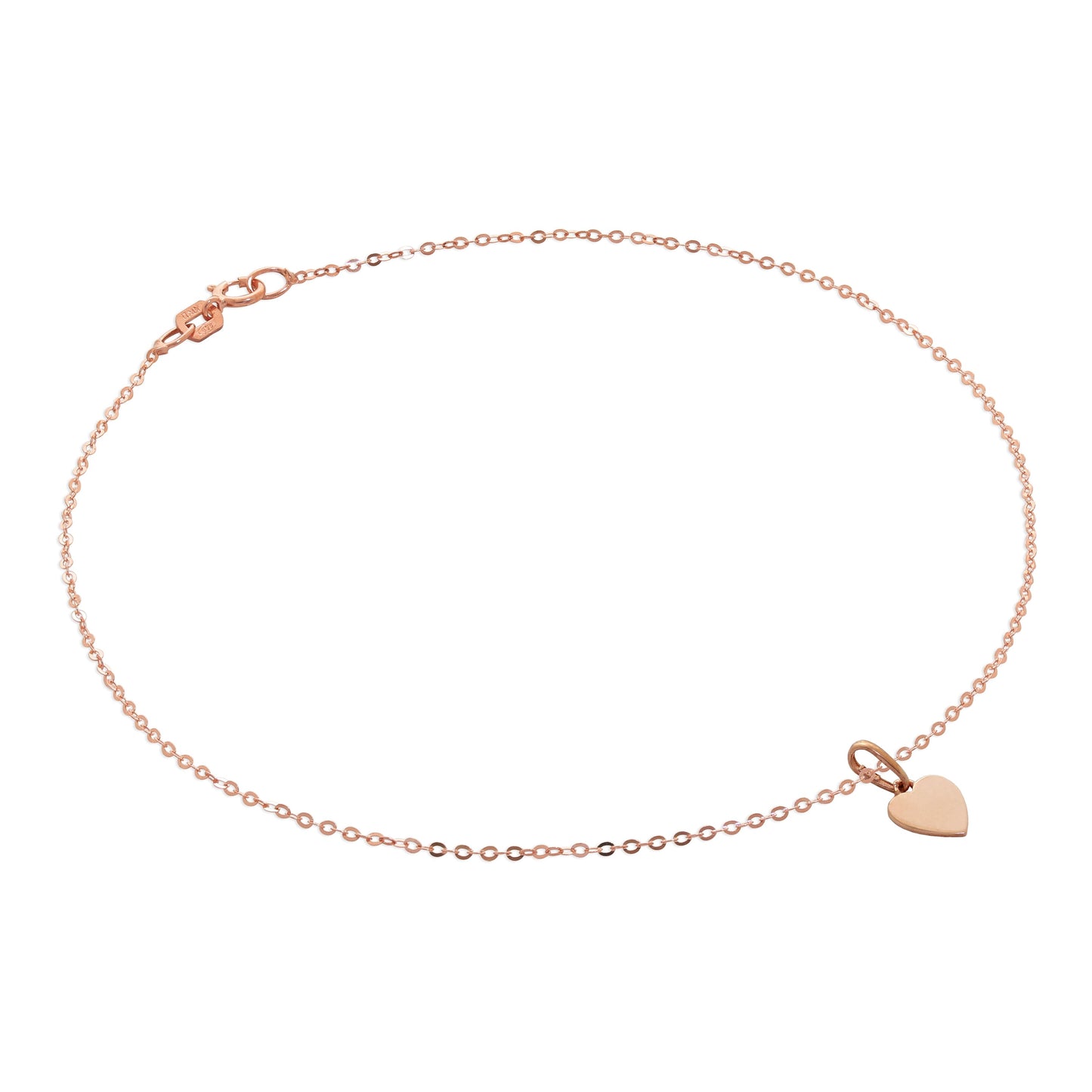 9ct Rose Gold Hammered Trace Anklet with Engravable Heart Charm - 9.5 Inches