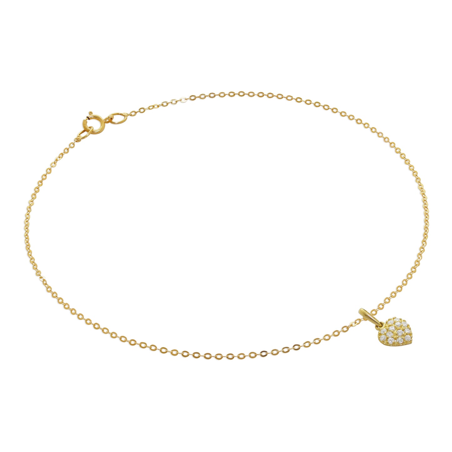 9ct Gold Hammered Trace Anklet with Flat CZ Heart Charm - 9.5 Inches