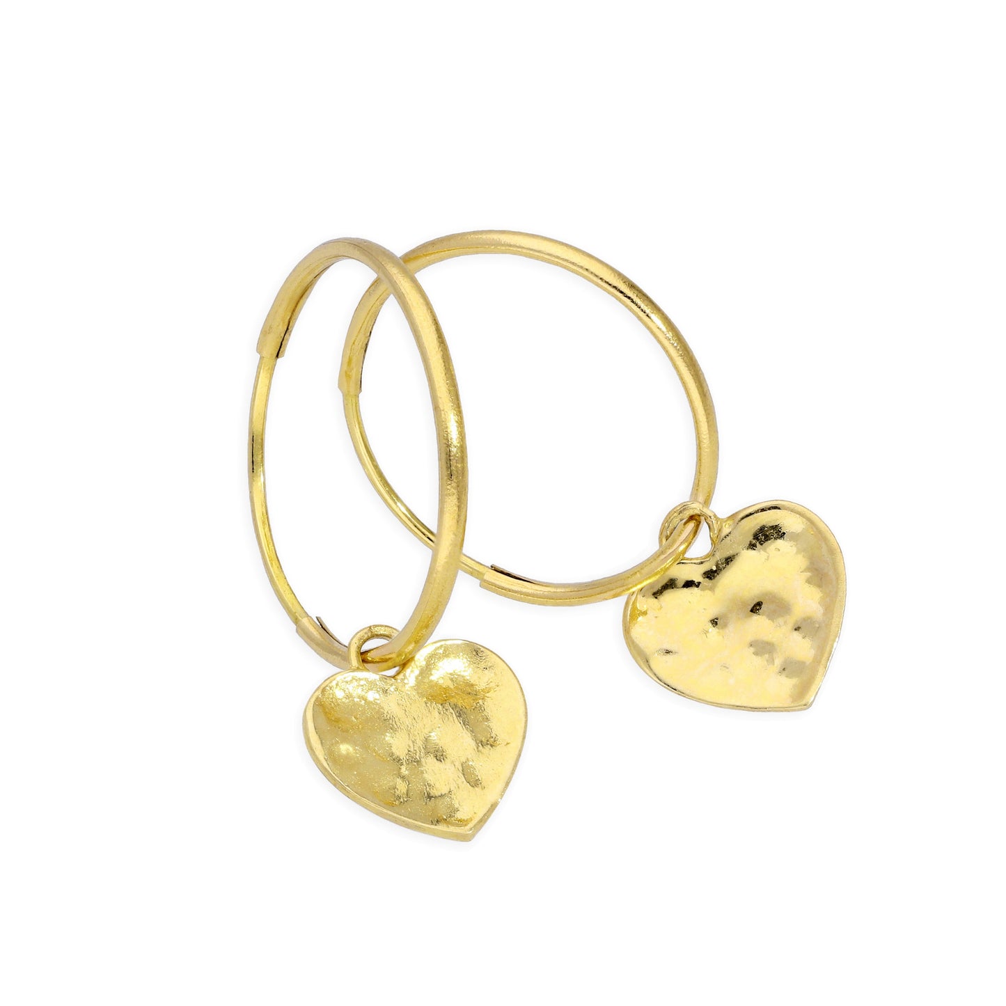 9ct Gold 10mm Charm Hoop Hammered Heart Earrings