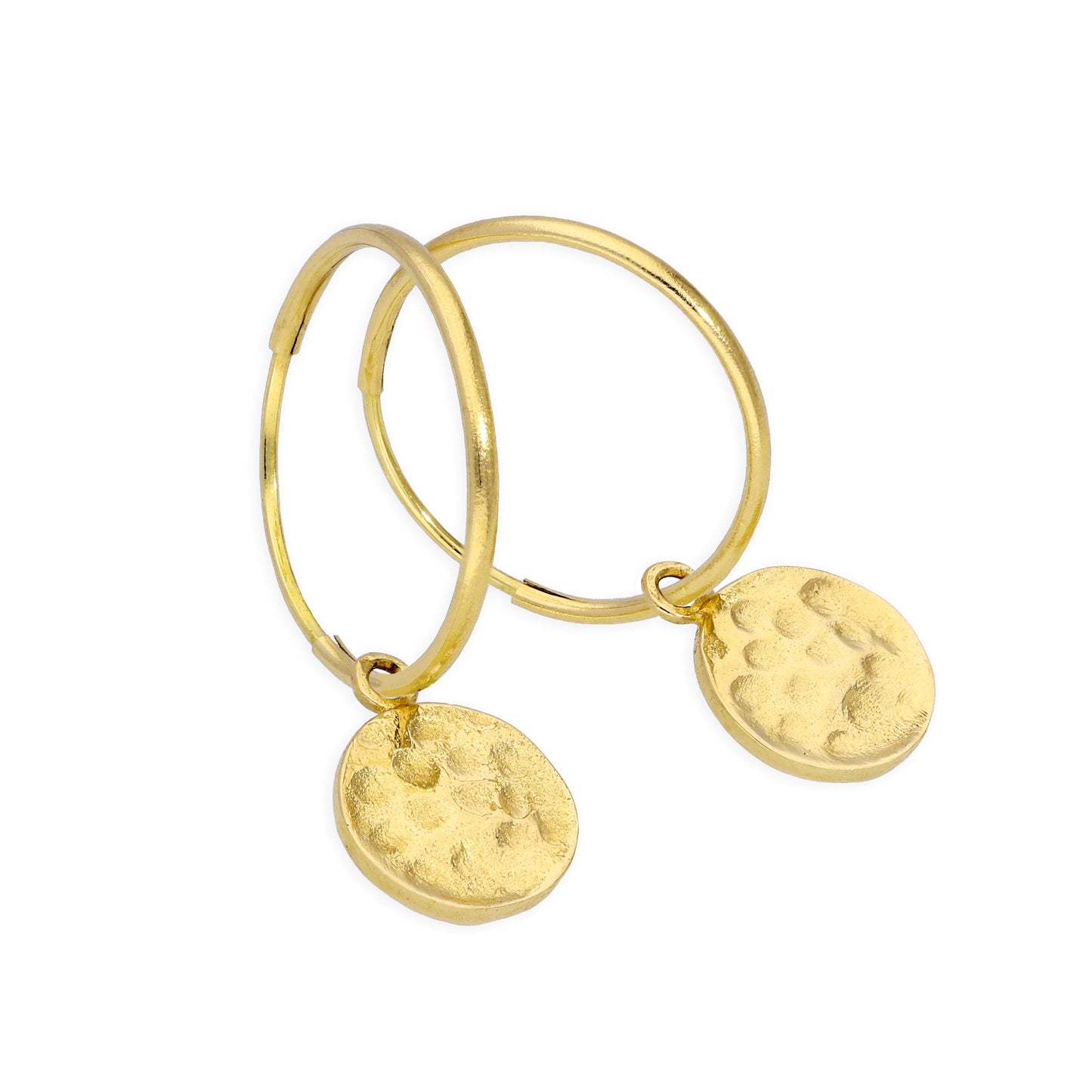 9ct Gold 13mm Charm Hoop Earrings with Hammered Round Discs