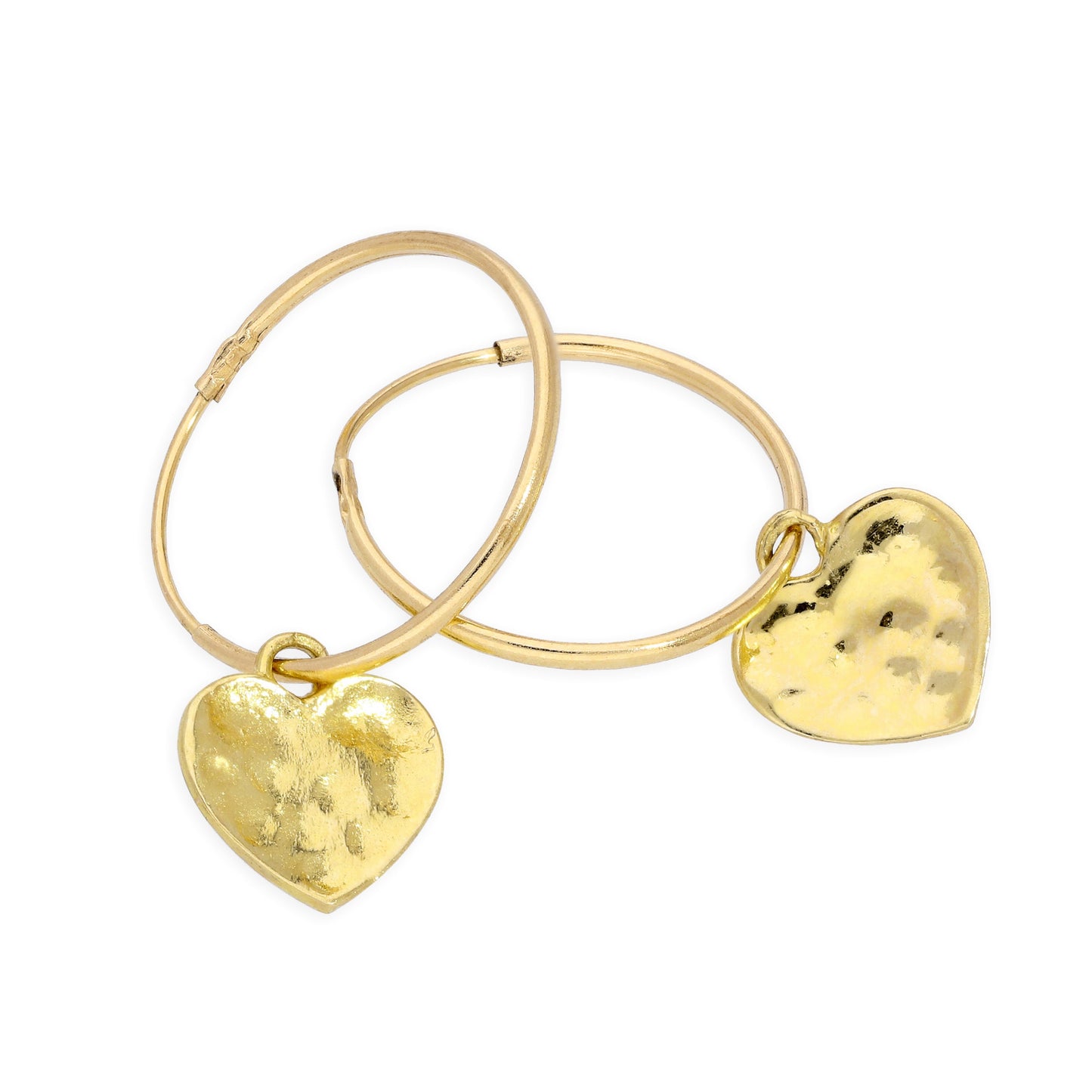 9ct Gold 13mm Charm Hoop Hammered Heart Earrings