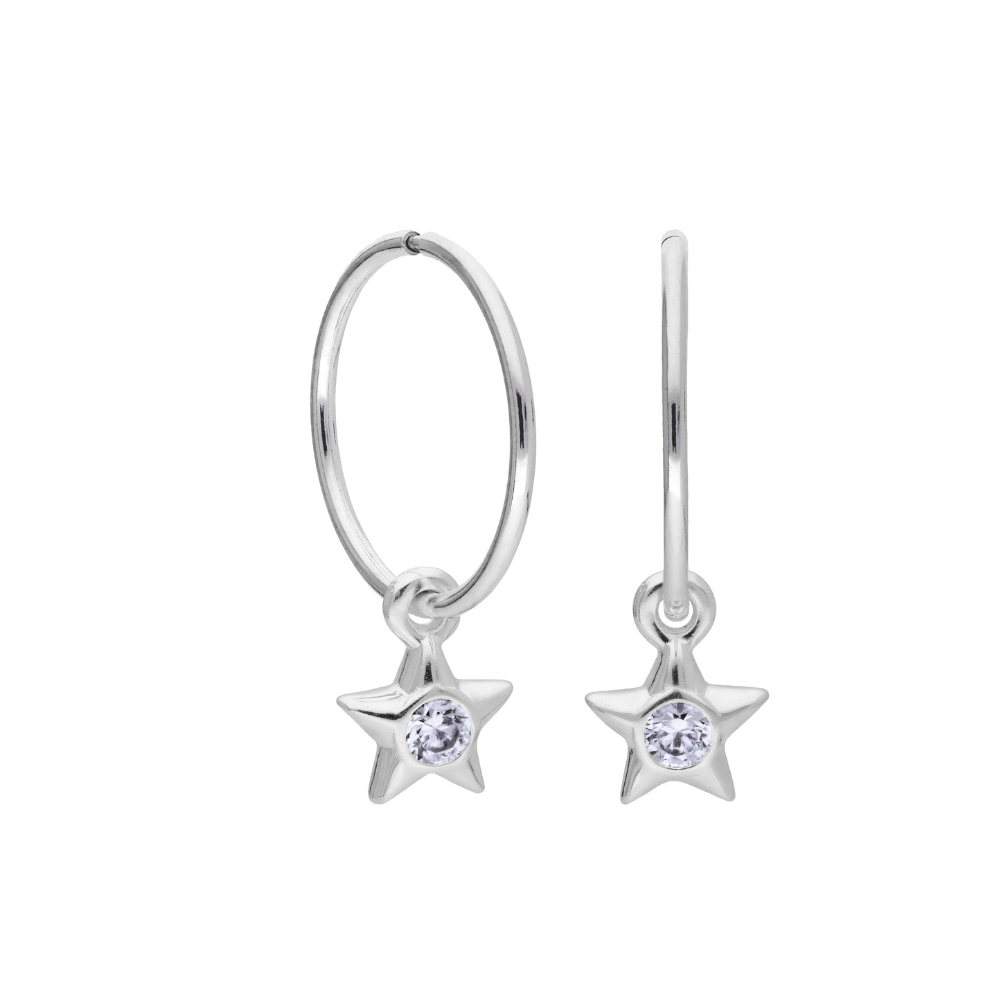 Sterling Silver CZ Crystal Birthstone Star 10 - 22mm Sleeper Hoop Earrings