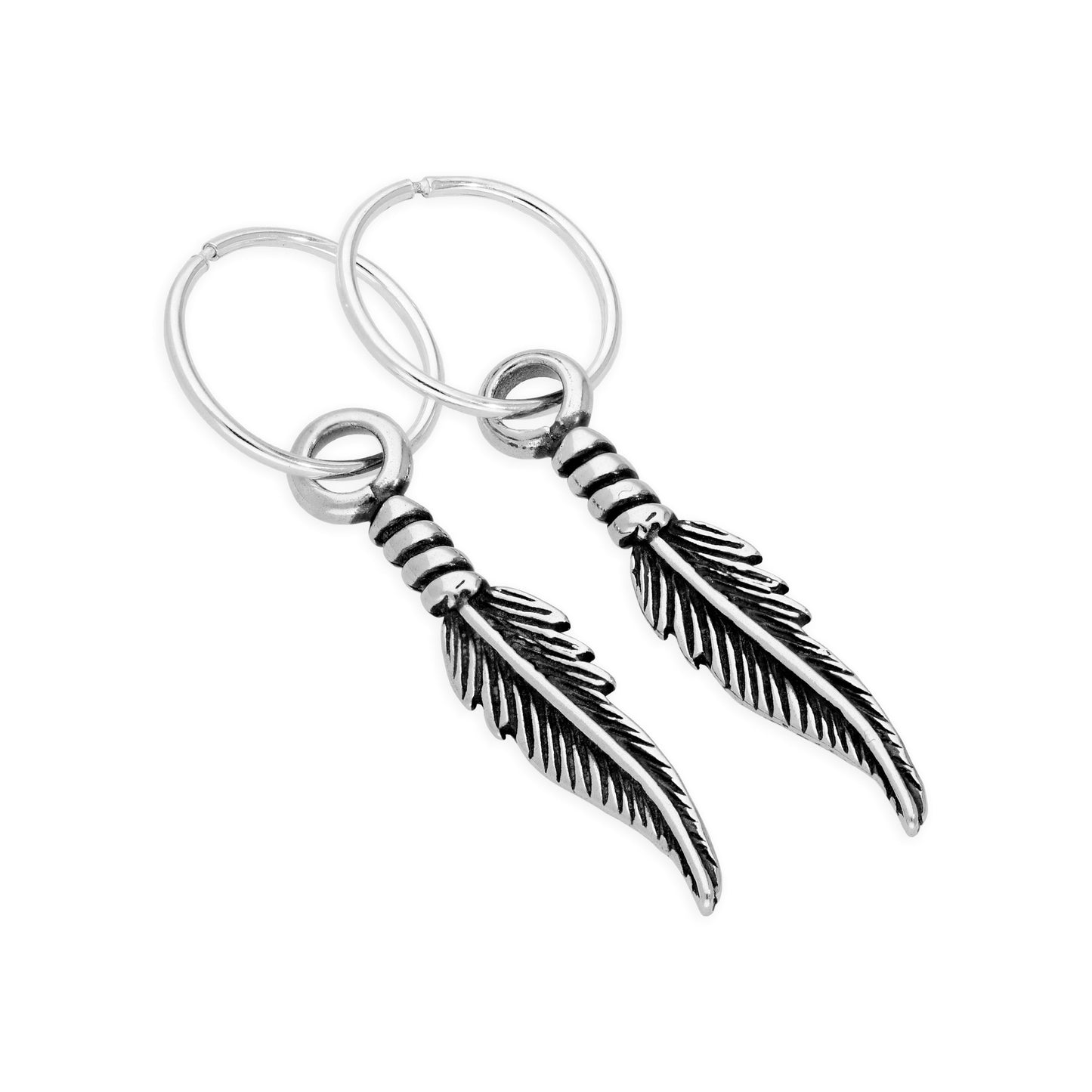 Sterling Silver Feather 12 - 22mm Sleeper Hoop Earrings