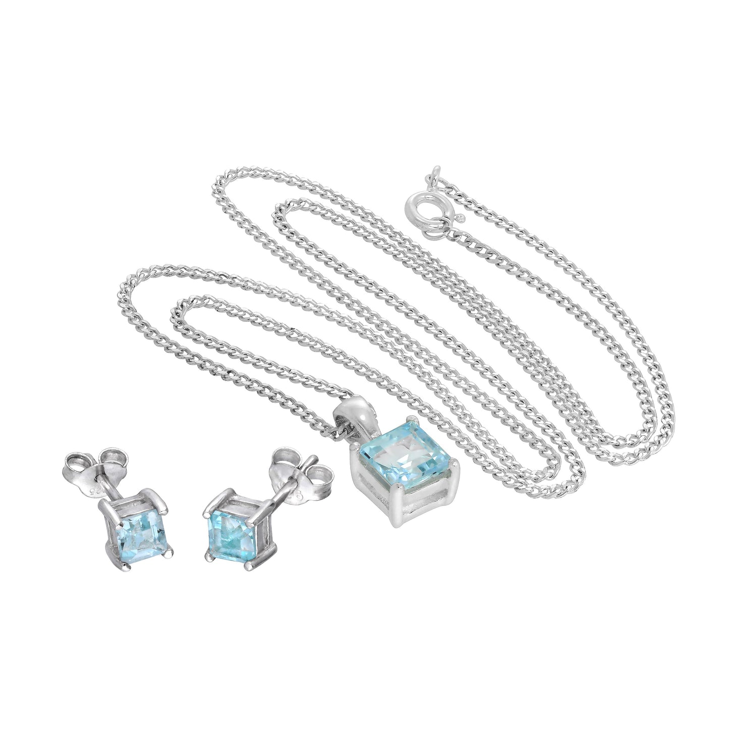 Sterling Silver Square Sky Blue Topaz Pendant on 16 - 24 Inches Chain & Stud Earrings Set