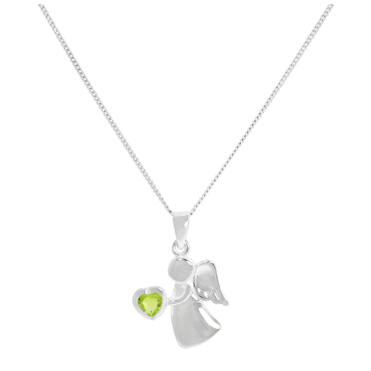 Sterling Silver & Peridot CZ Crystal August Birthstone Angel Pendant Necklace 14 - 32 Inches