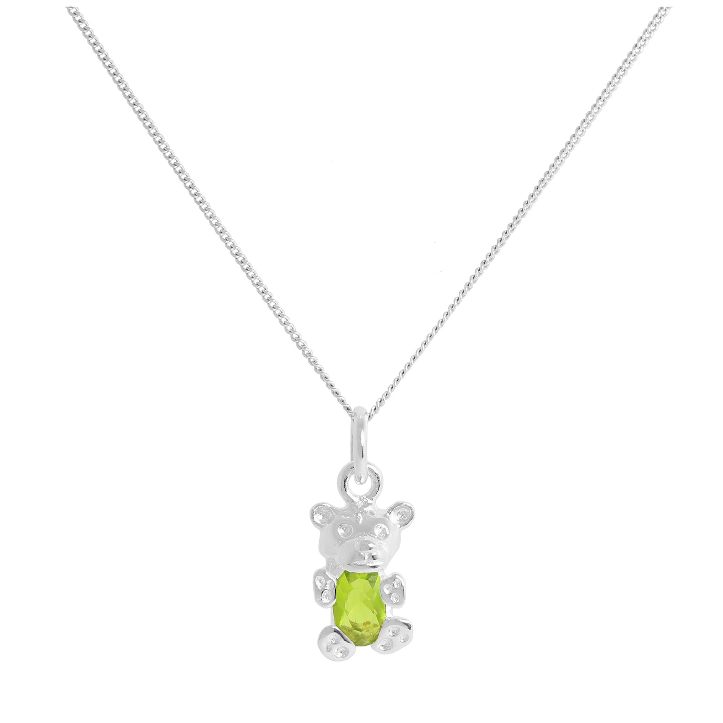 Sterling Silver August Peridot CZ Birthstone Bear Necklace 14 - 32 Inches
