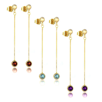 9ct Gold & 4mm Round Gemstone Drop Stud Earrings
