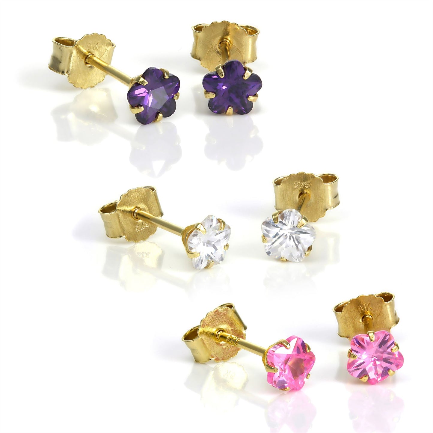 9ct Gold & 4mm CZ Crystal Flower Stud Earrings - 3 Colours
