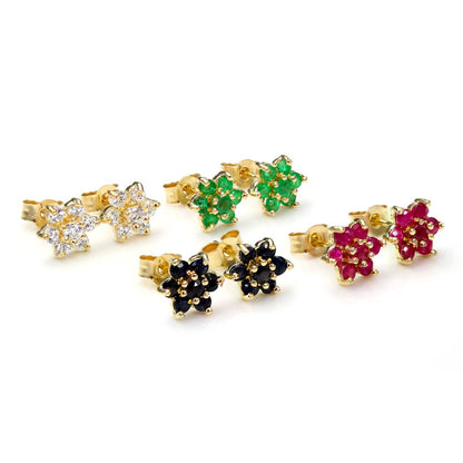 9ct Yellow Gold Gemstone & CZ Flower Petal Stud Earrings