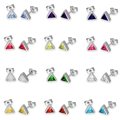 Sterling Silver & CZ Crystal Triangle Birthstone Stud Earrings