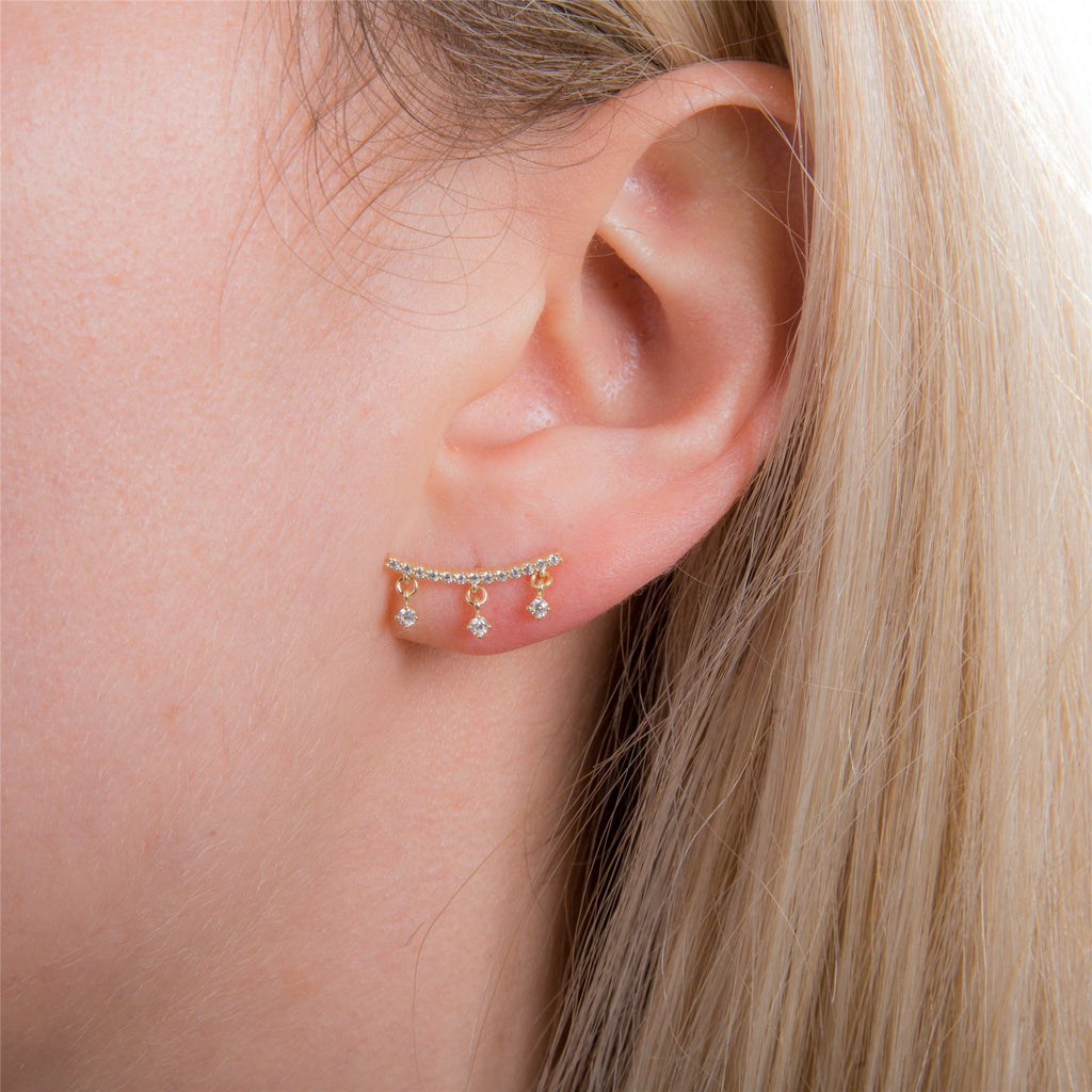 9ct Gold Clear CZ Climber Dangle Stud Earrings