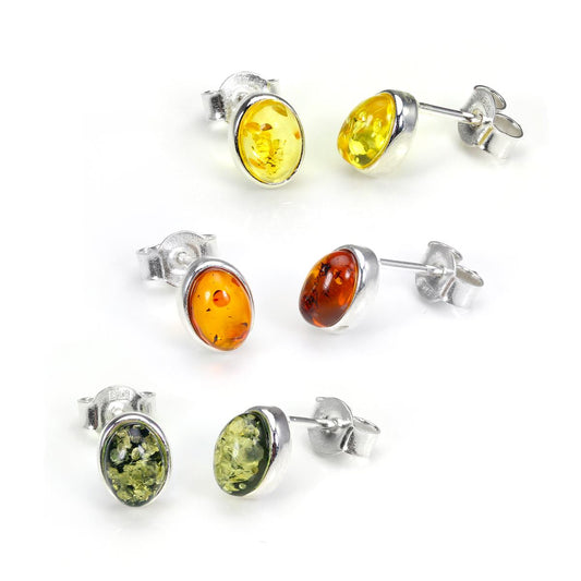 Small Sterling Silver & Baltic Amber Oval Stud Earrings