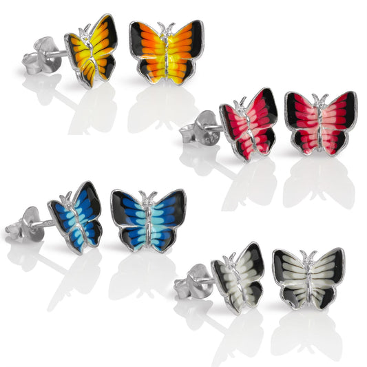Flacher Schmetterling Ohrstecker aus Sterling Silber & Emaille