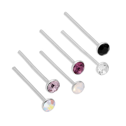 Sterling Silver & 2mm Round CZ Crystal 24Ga Bend To Fit Nose Studs - Mixed Colours