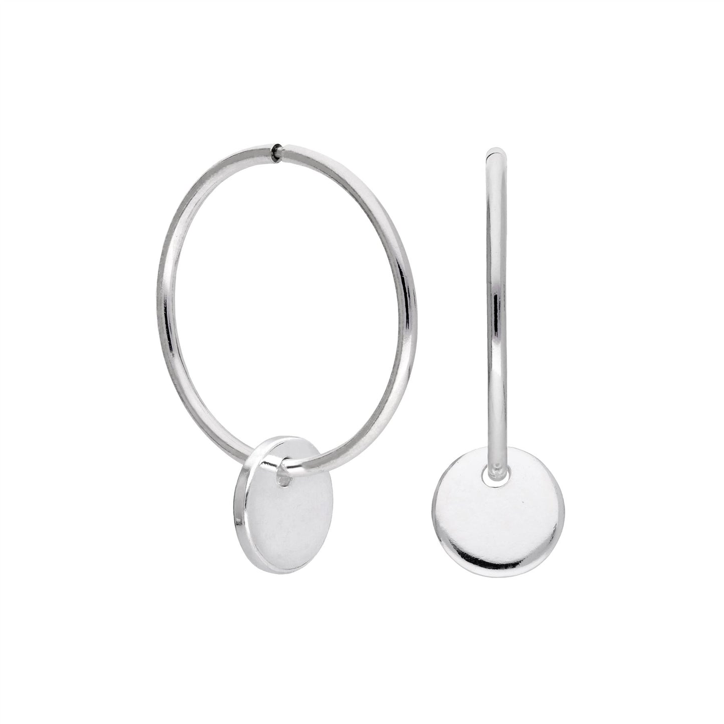 Sterling Silver Round Disc Charm Hoop Earrings 10 - 22mm
