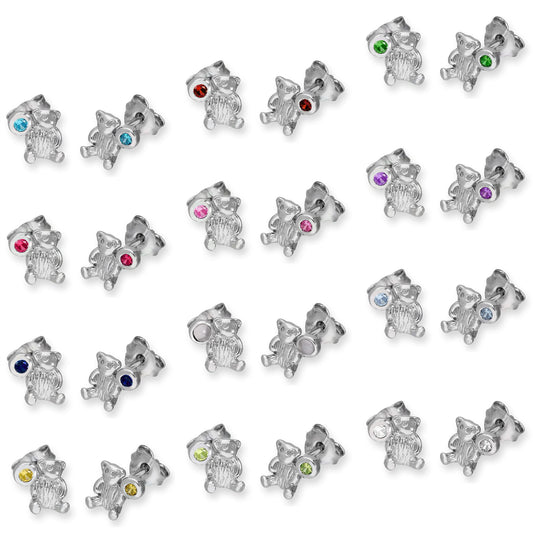 Sterling Silver Teddy Bear & CZ Crystal Birthstone Stud Earrings