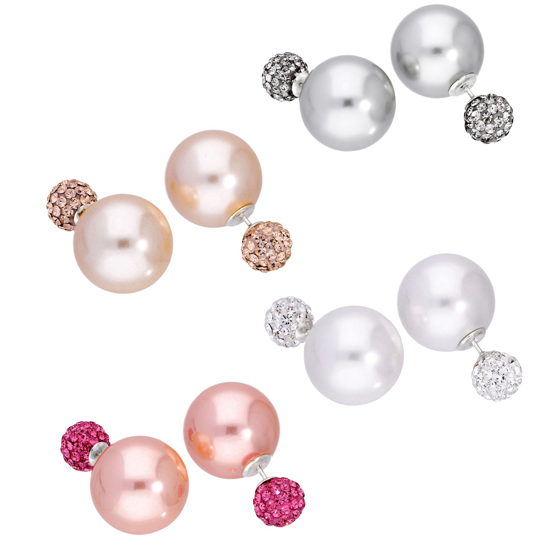 Sterling Silver Double Sided Pearl & CZ Stud Earrings Cream White Peach Grey
