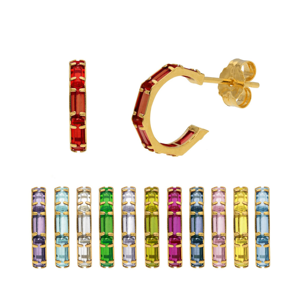 9ct Gold Birthstone CZ Baguette Huggie Hoop Stud Earrings