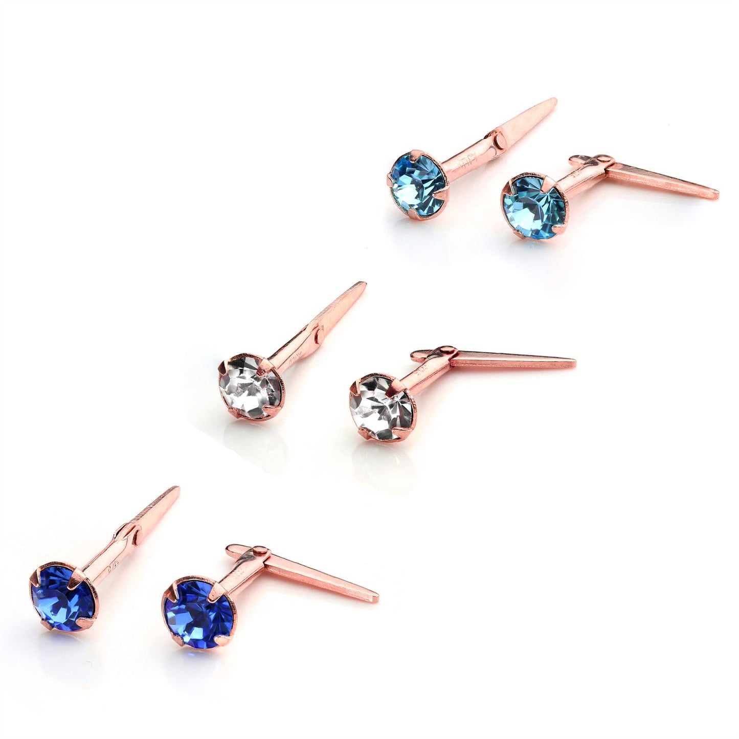9ct Rose Gold Andralok Stud Earrings w 3mm CZ Crystal Clear Aquamarine Sapphire