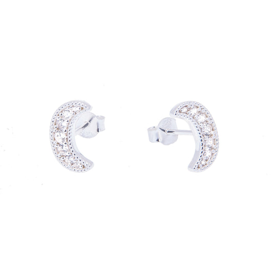 Sterling Silver & CZ Crystal Crescent Moon Stud Earrings