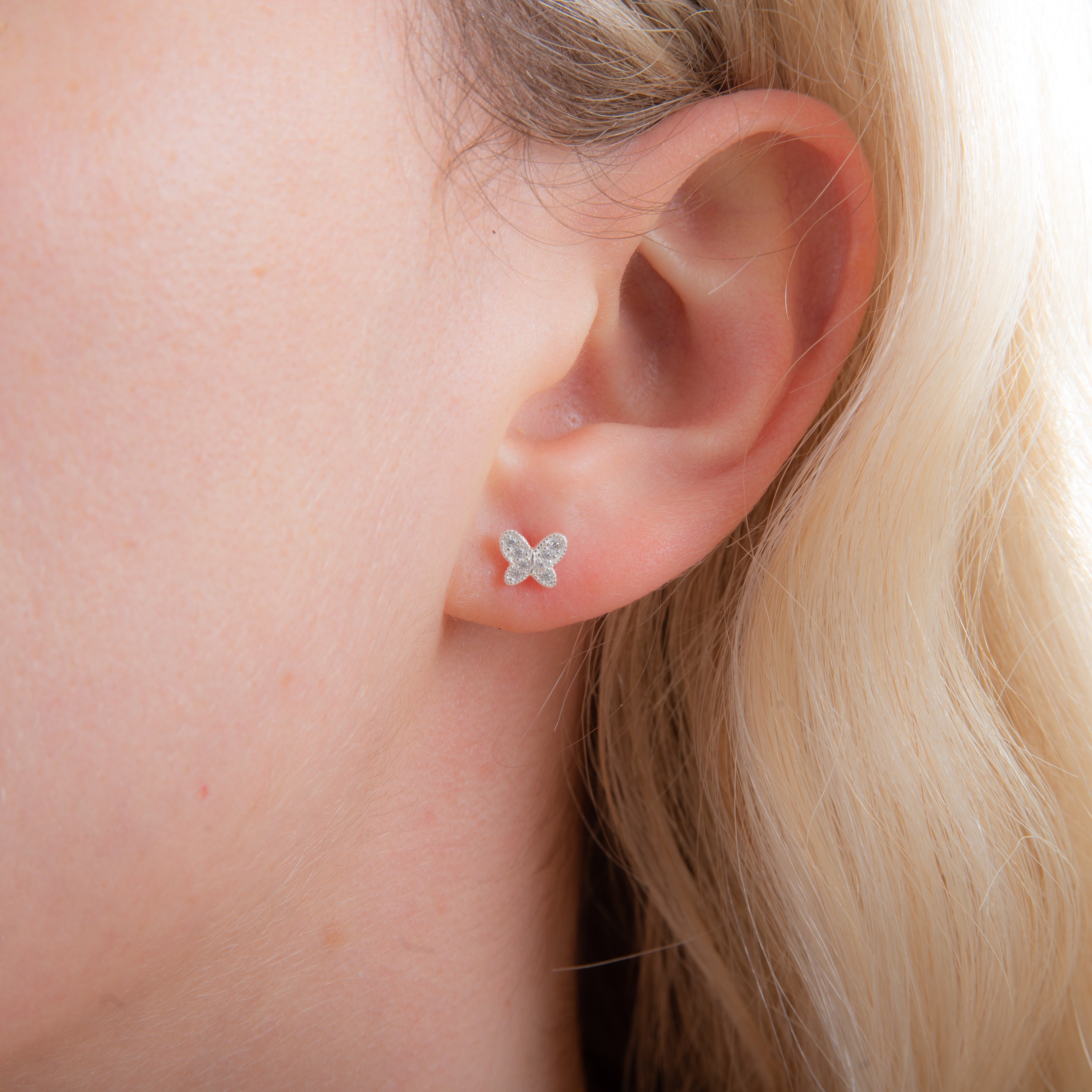 Sterling Silver CZ Encrusted Butterfly Stud Earrings