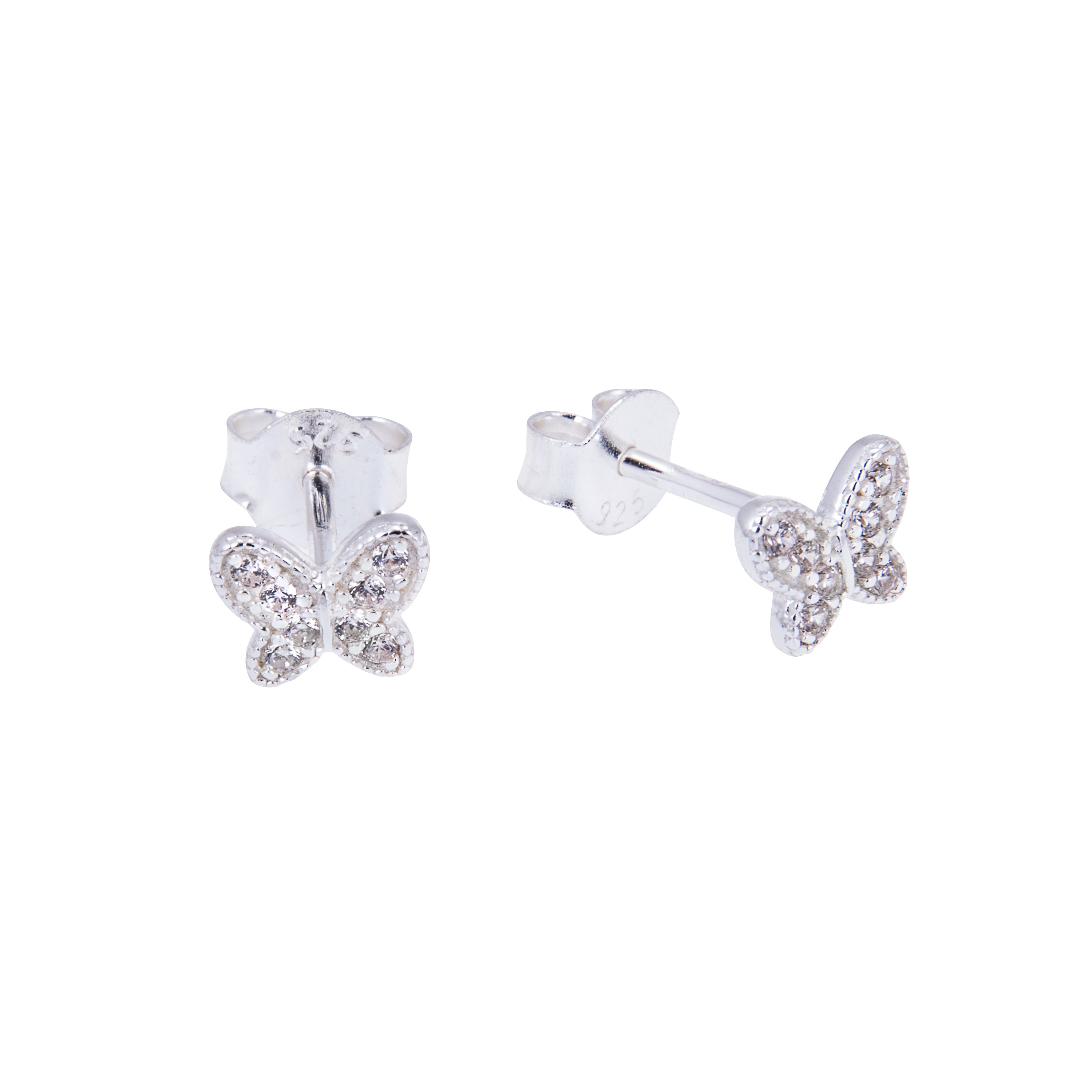 Sterling Silver CZ Encrusted Butterfly Stud Earrings