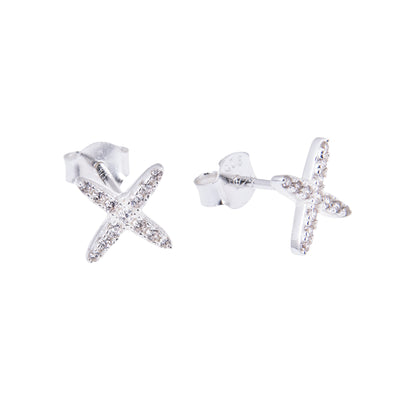 Sterling Silver CZ Encrusted X Criss Cross Stud Earrings