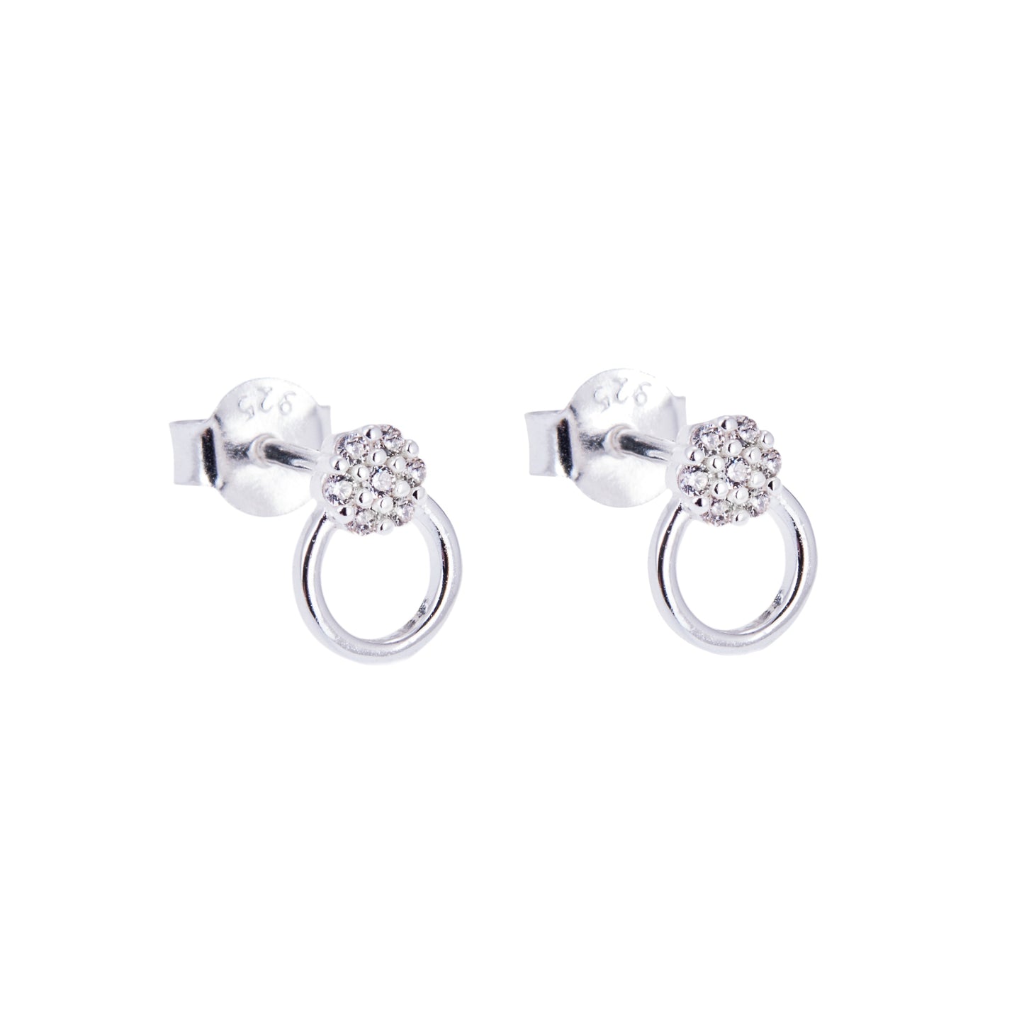 Sterling Silver & CZ Crystal Open Ring Cluster Stud Earrings