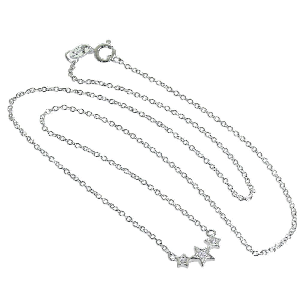 Sterling Silver & CZ Crystal Triple Star 16 Inch Necklace