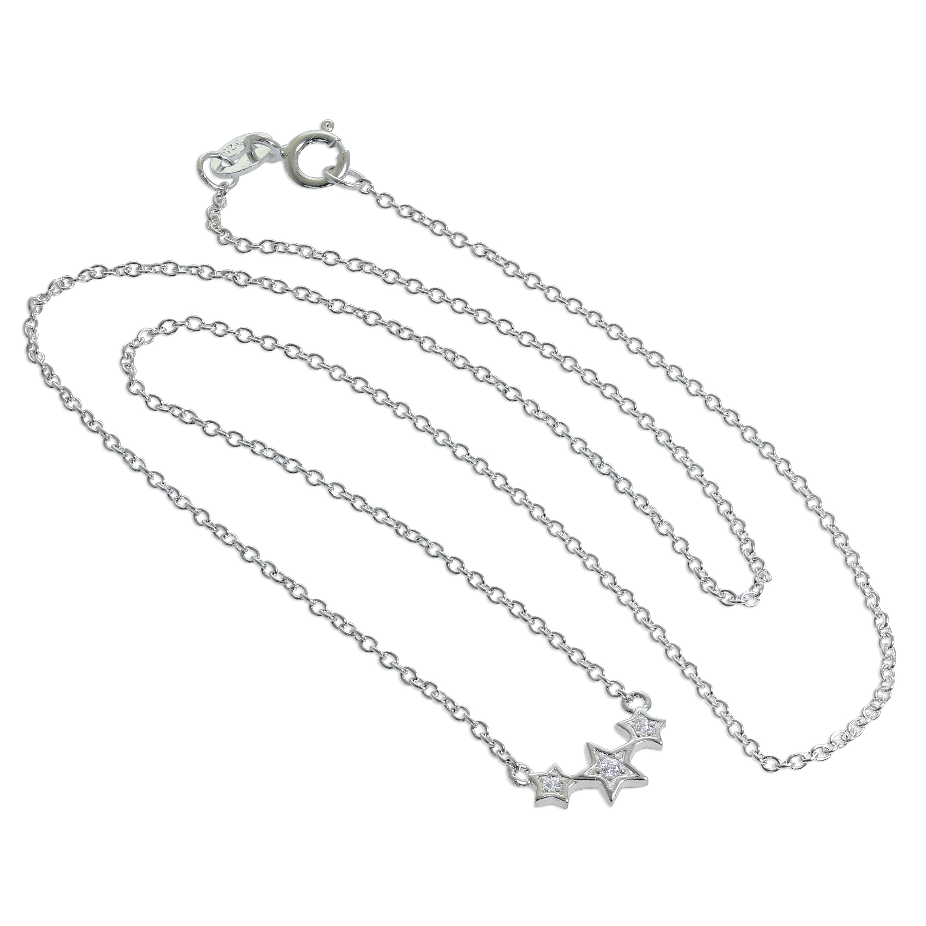 Sterling Silver & CZ Crystal Triple Star 16 Inch Necklace