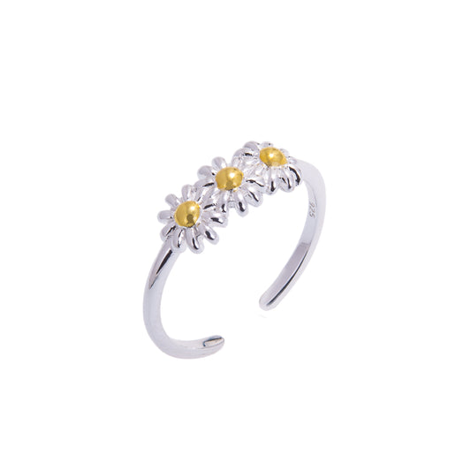 Gold Plated Sterling Silver Triple Daisy Adjustable Ring