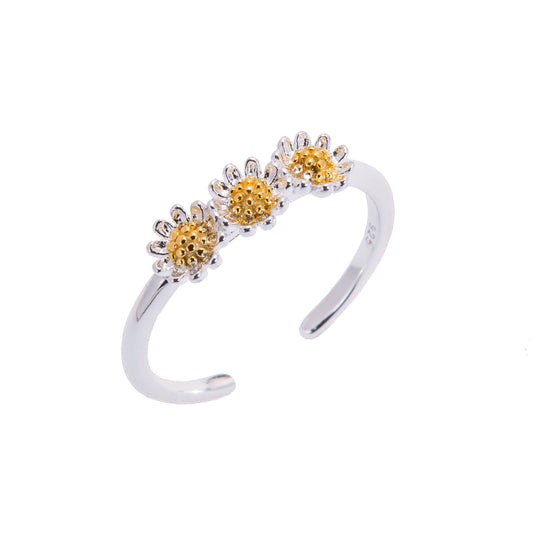 Gold Plated Sterling Silver Triple Daisy Adjustable Ring