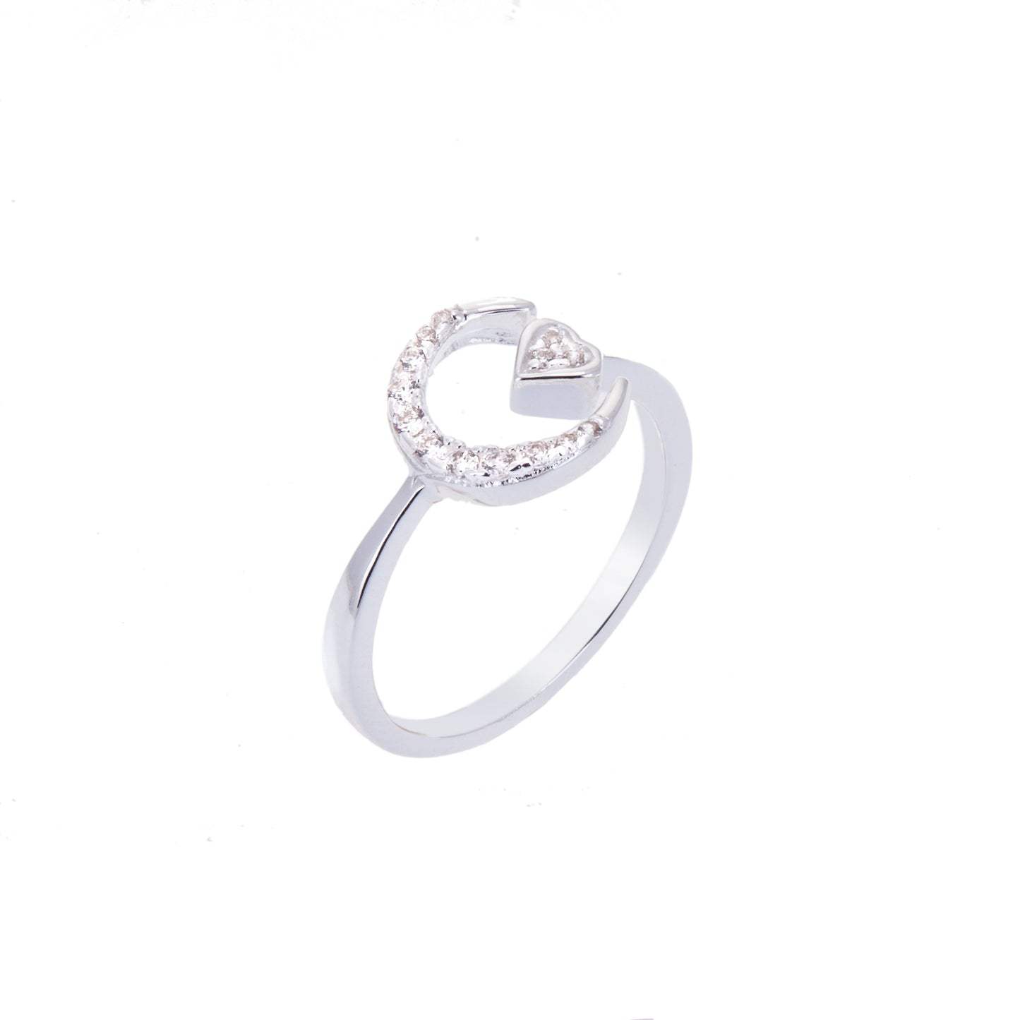 Sterling Silver CZ Encrusted Heart & Crescent Adjustable Ring