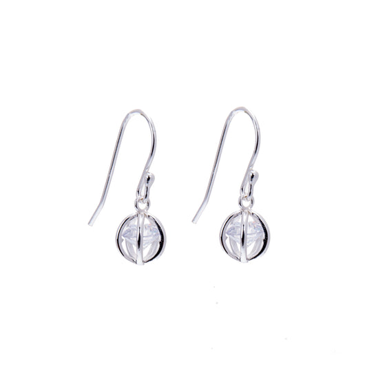 Sterling Silver & CZ Crystal Ball Dangle Fish Hook Earrings