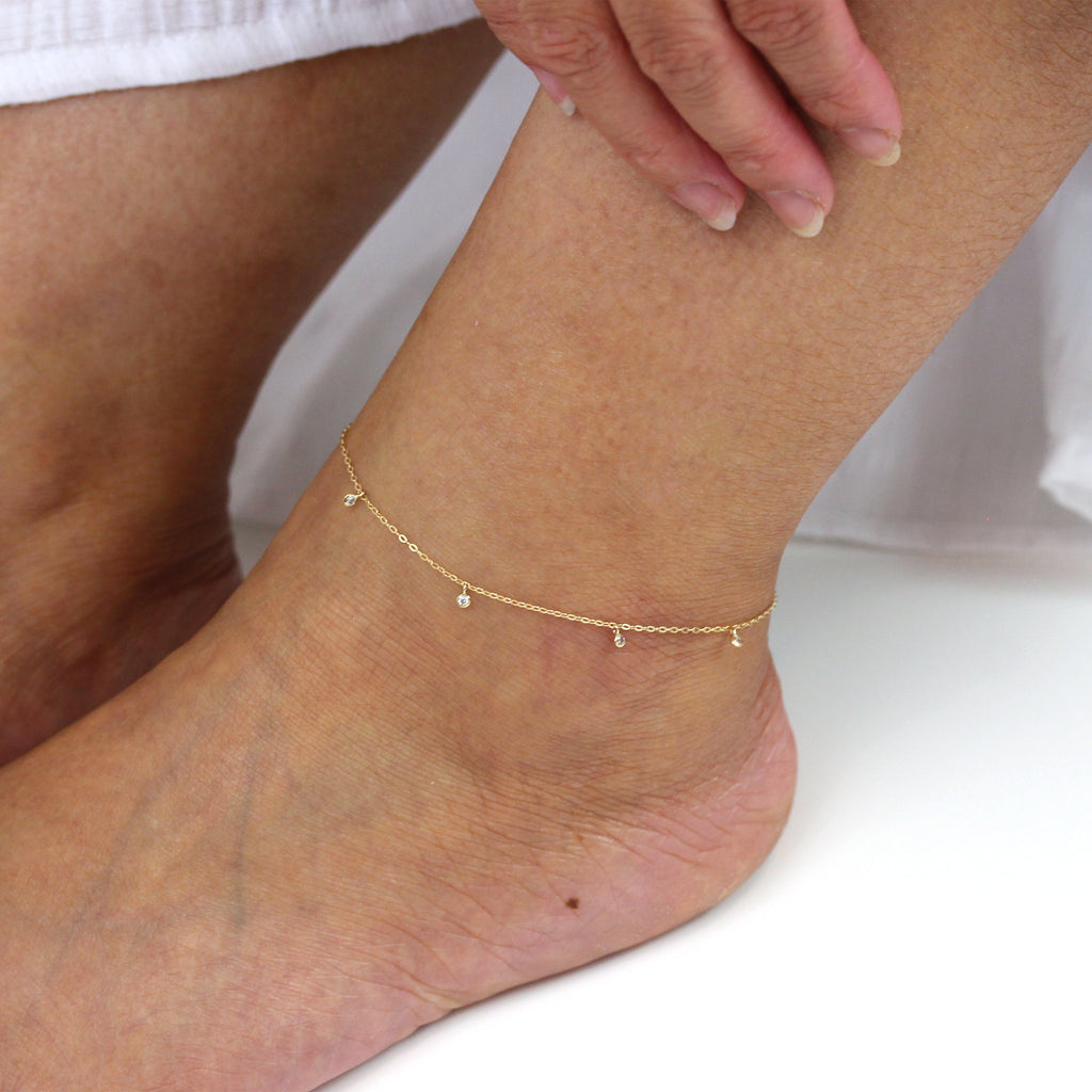9ct Gold & Clear CZ Crystal Anklet 10 Inches
