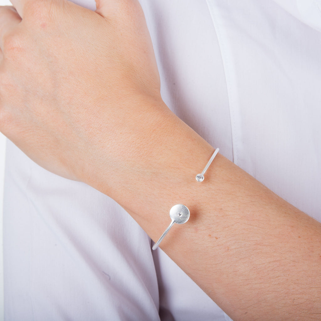 Sterling Silver 55mm Brushed Sterling Silver & CZ Bangle