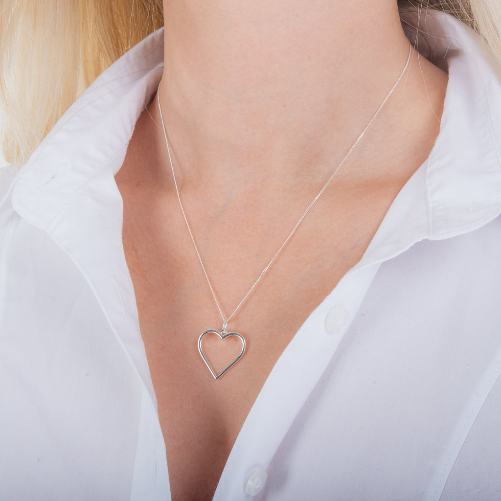 Sterling Silver Large Heart Outline Necklace 14-28 Inches