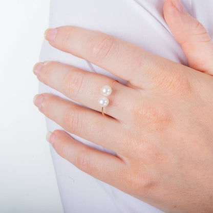 9ct Yellow Gold Double White Freshwater Pearl Adjustable Open Ring